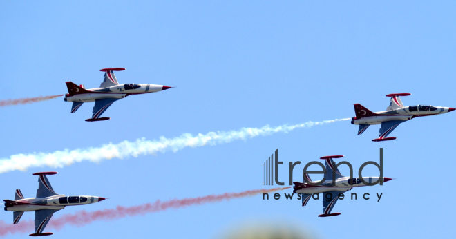 Turkish fighters over the Baku bay. Azerbaijan, Baku, June 26 , 2018
